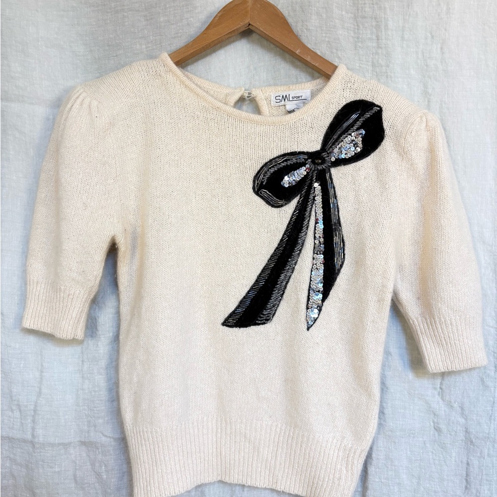 SML Sport Ivory Black Silk Angora Bow Sequin Pullover Sweater Knit cottagecore S